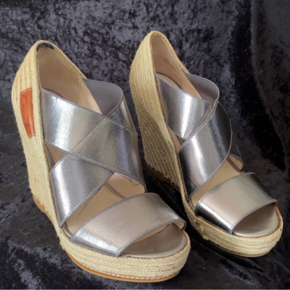 Vintage Coach 6B Silver Wedge Jute Sandals - Own a Piece of Iconic History!